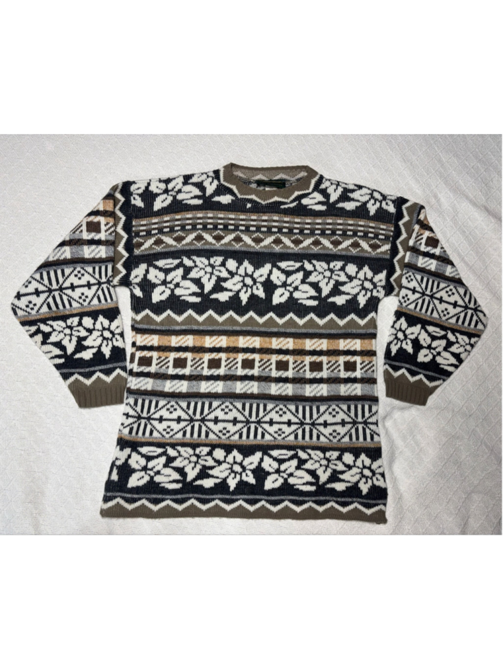 Vintage Dana Scott Nordic Fair Isle Knit Sweater Taupe Tan Grey Med GUC Cabin